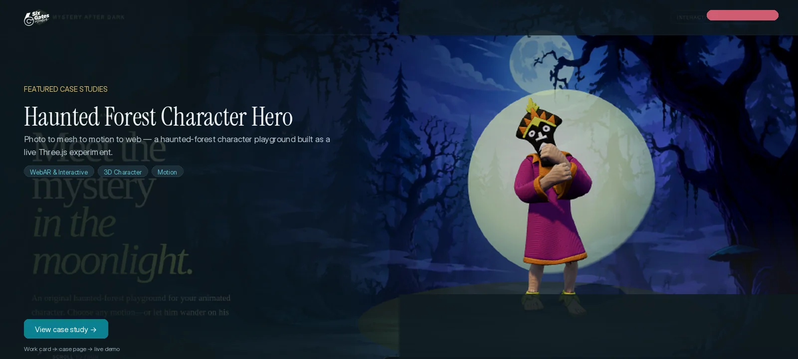 Featured case study card mock — Haunted Forest Character Hero