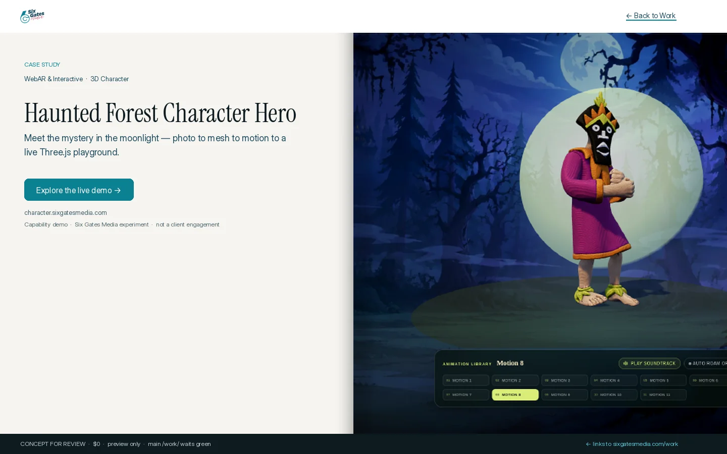 Haunted Forest Character Hero — interactive 3D character on a cinematic stage
